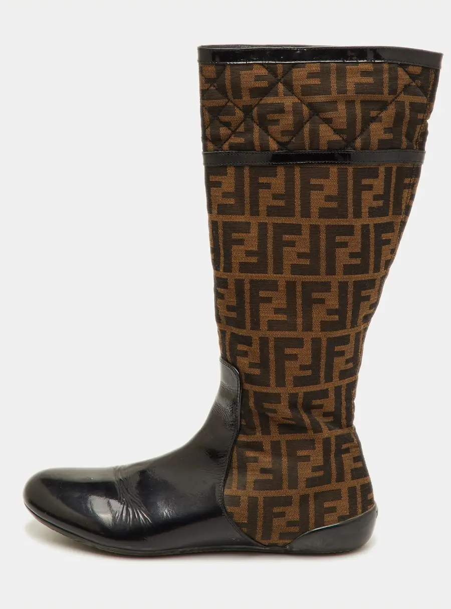 Fendi Size 40 Brown Zucca Fabric Patent Leather Knee Length Boots