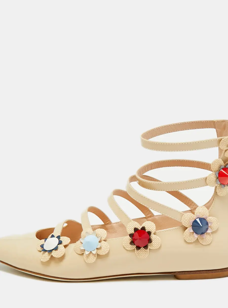 Fendi Flowerland Size 37 Cream Patent Leather Strappy Ballet Flats