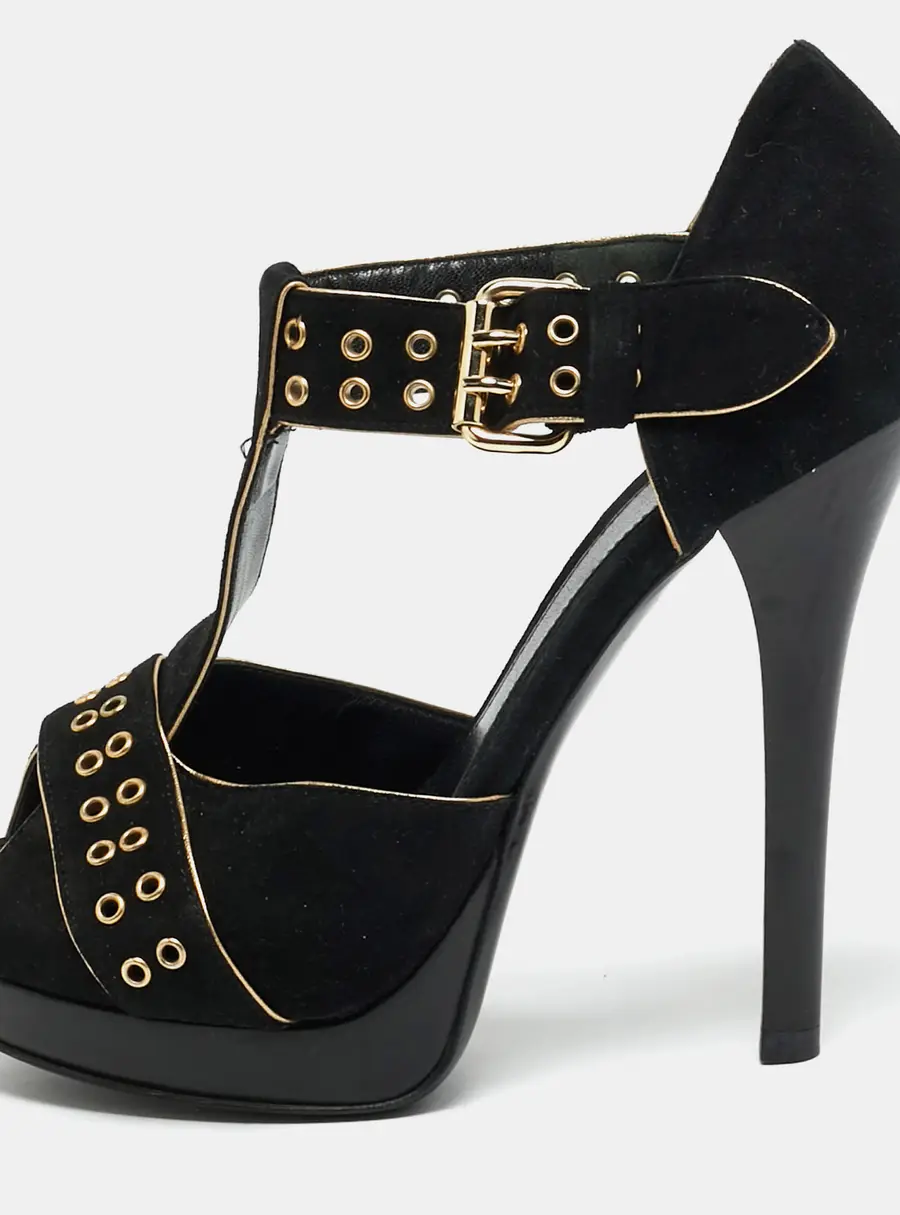Fendi Size 37.5 Black Suede  T-Bar Ankle-Strap Platform Strap Sandals