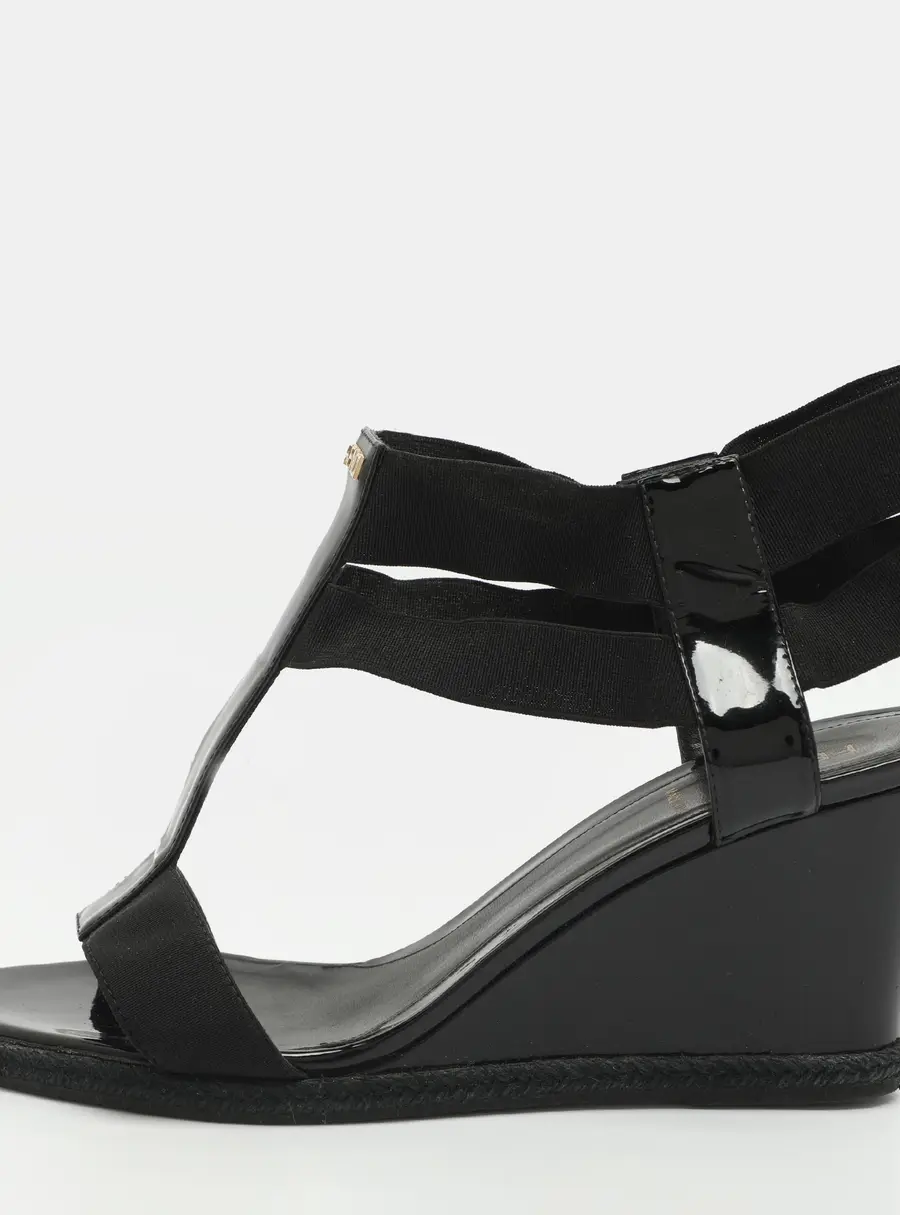 Fendi Size 41 Black Elastic and Patent Leather Espadrille Wedge Sandals