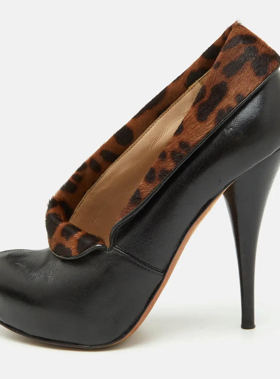 Fendi Size 37.5 Black/Brown Leopard Print Calf Hair and Leather Platform Pumps