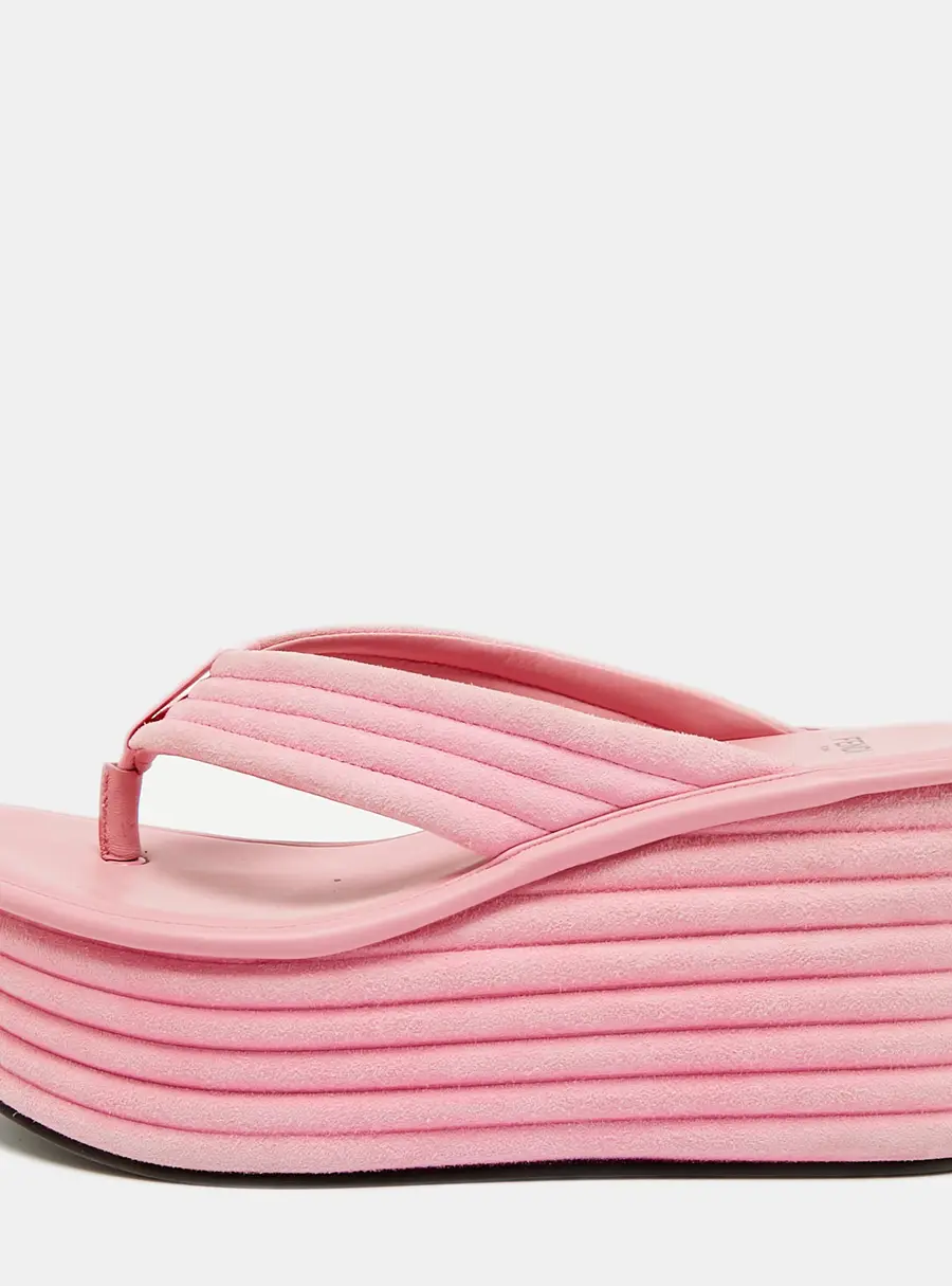 Fendi Size 39 Pink Suede Thong Wedge Slide Sandals