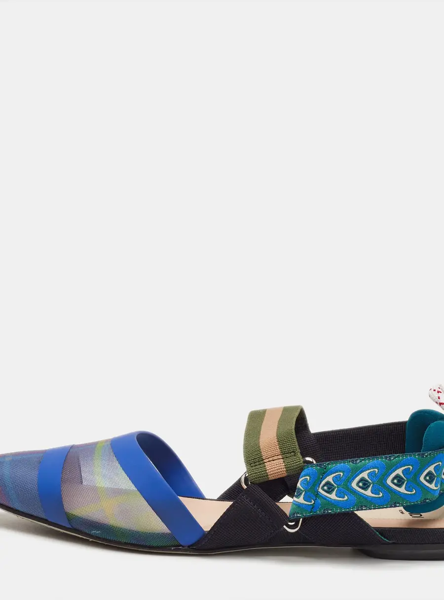 Fendi Size 37 Blue Mesh and Fabric Colibri Slingback Flats