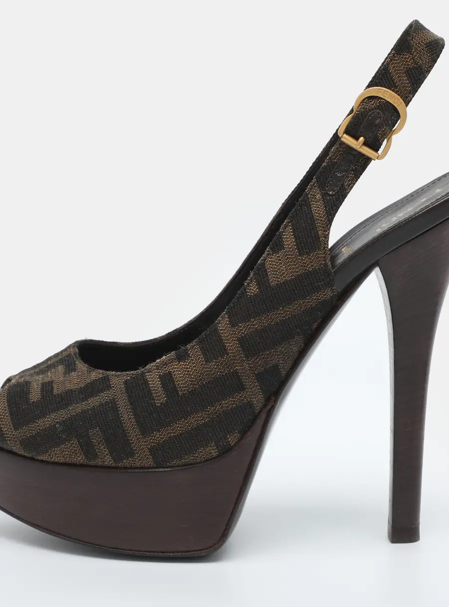 Fendi Fendista Size 36.5 Tobacco Zucca Canvas Platform Slingback Sandals
