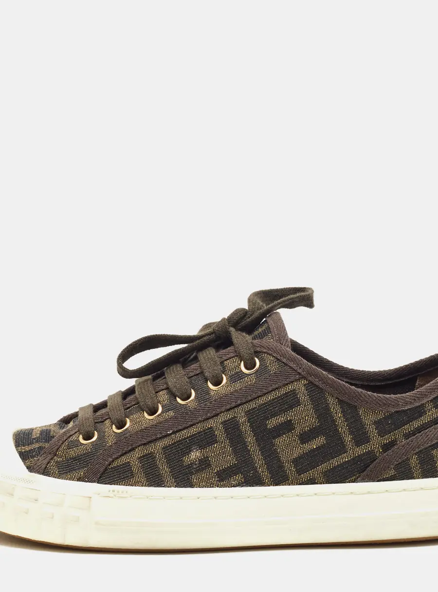 Fendi FF Motif Domino Size 37 Brown Canvas Lace Up Sneakers