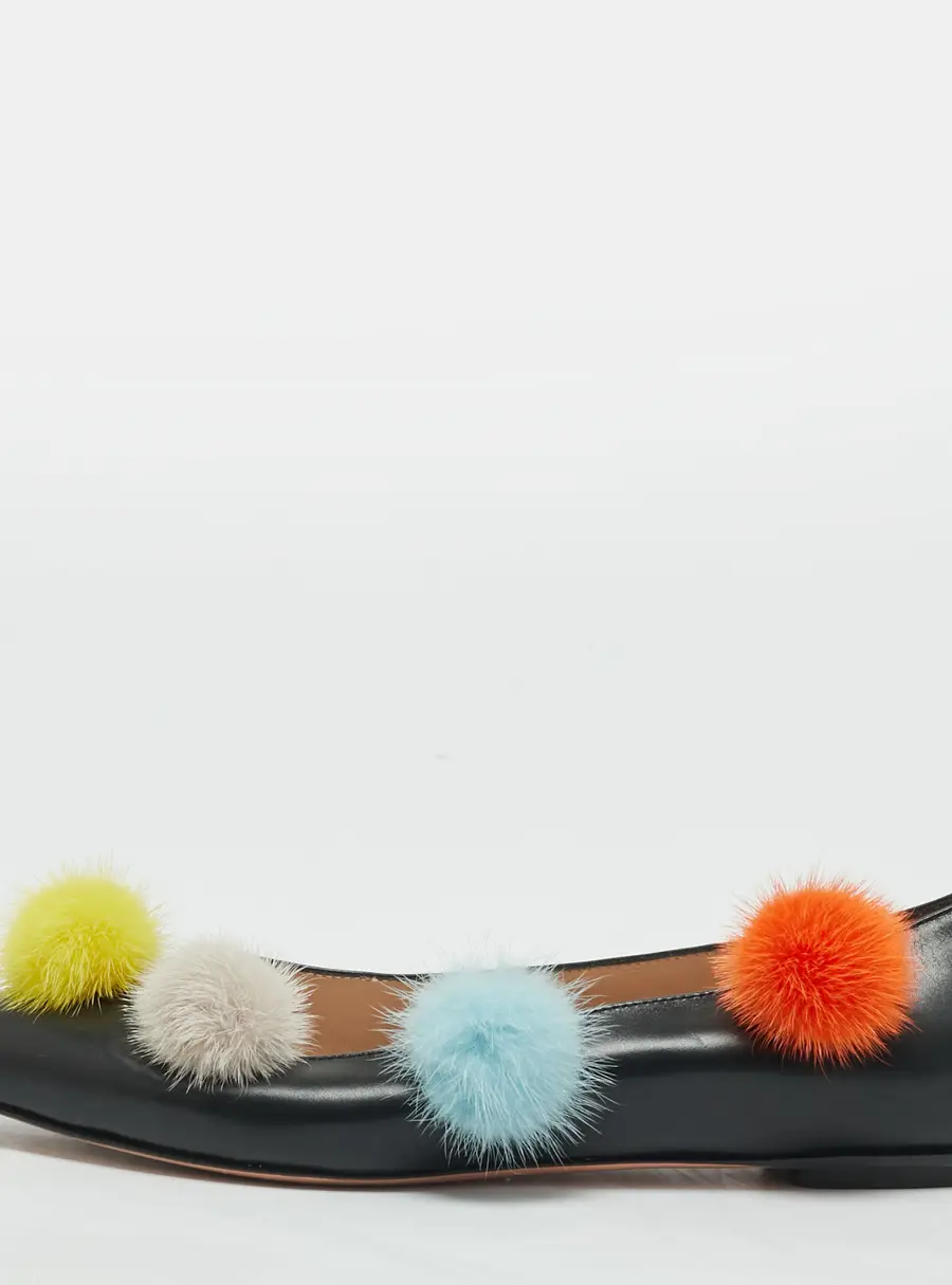 Fendi Pom Pom Size 37.5 Black Leather Ballet Flats