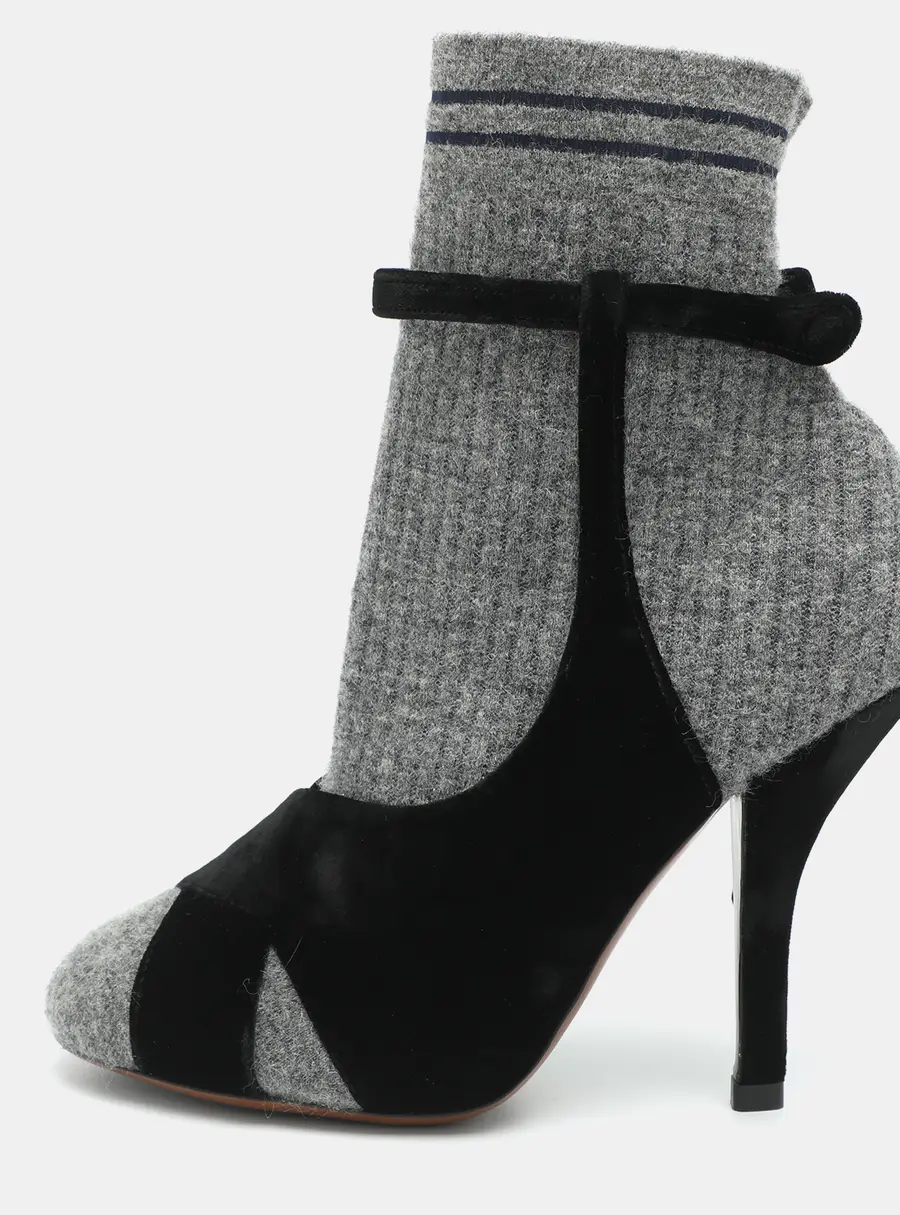 Fendi Size 38 Grey/Black Velvet and Wool Mid Calf Boots