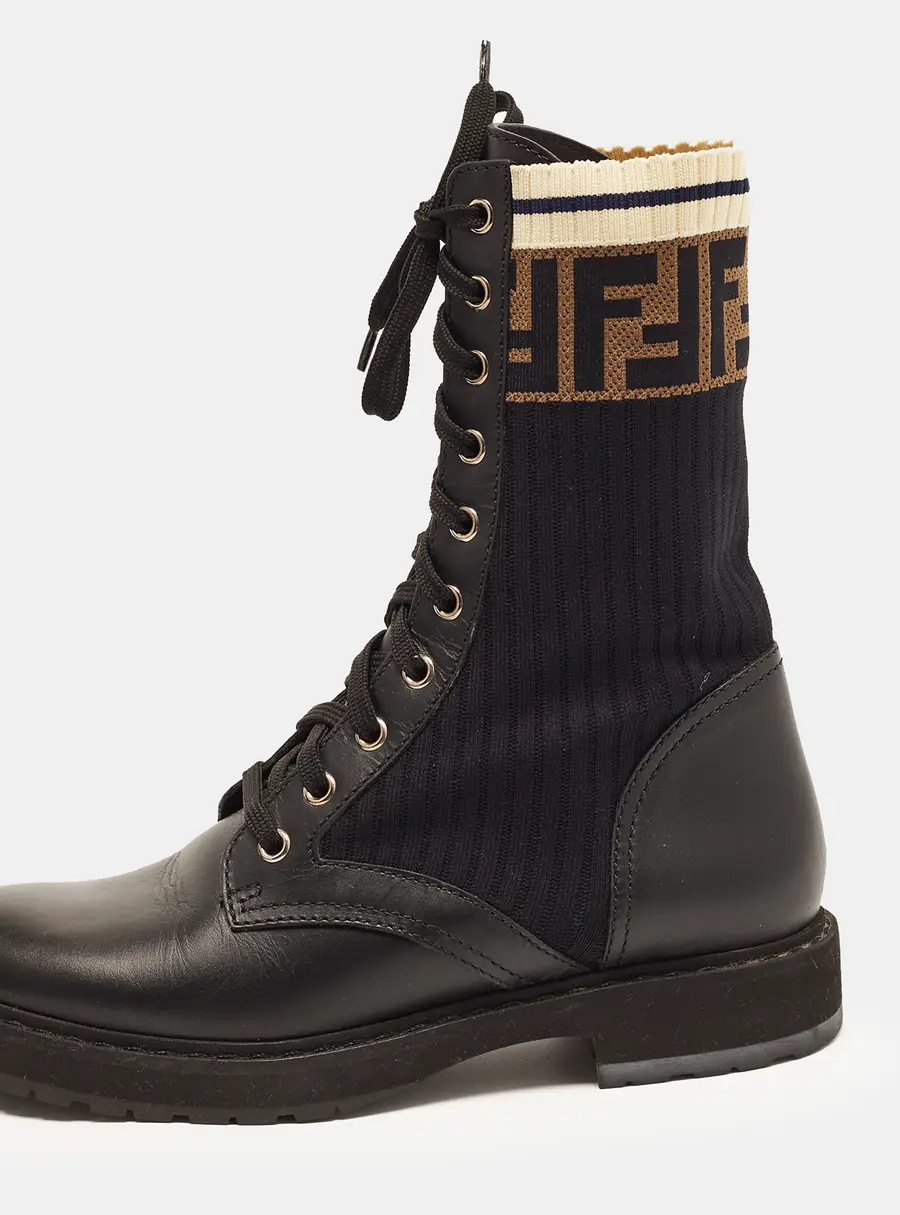 Fendi Rockoko Size 37 Black/Brown Fabric and Leather Combat Boots