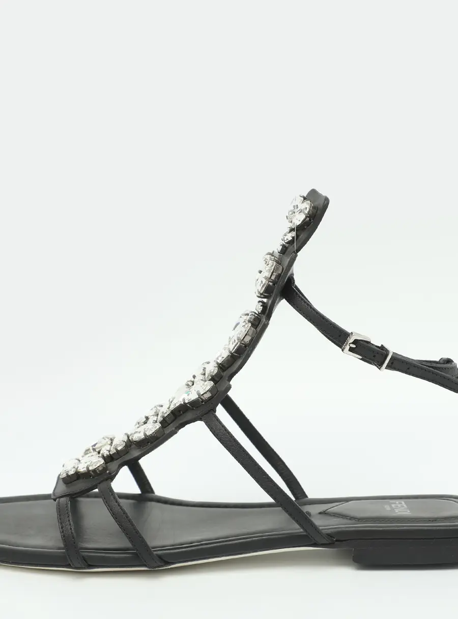 Fendi Size 37 Black Leather Crystal Embellished Strappy Ankle Strap Flat Sandals