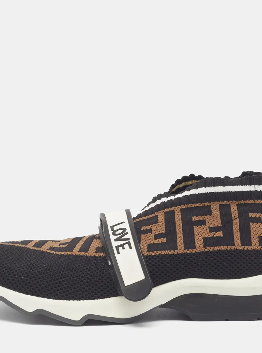 Fendi Rockoko Size 38 Black/Brown FF Knit Fabric Low Top Sneakers