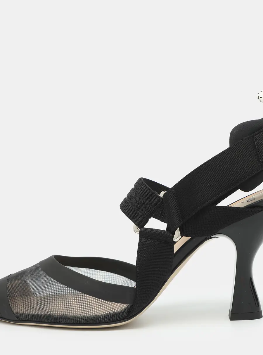 Fendi Colibri Size 39 Black Zucca Mesh And Leather Slingback Sandals