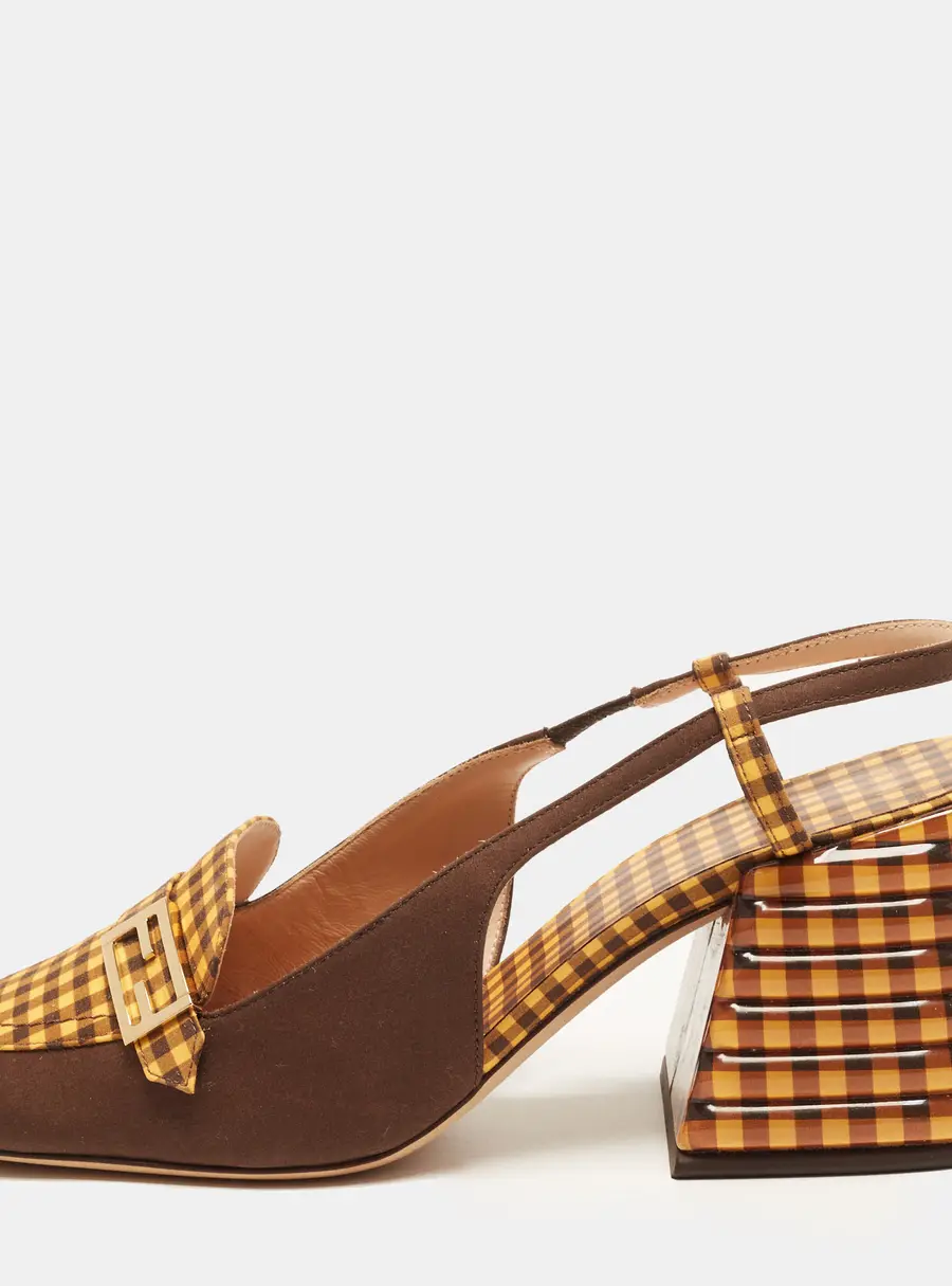 Fendi Promenade Size 40 Brown/Yellow Gingham Fabric Slingback Pumps