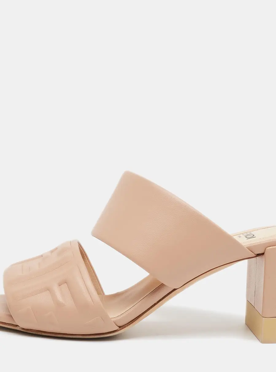 Fendi FF Size 36 Beige Leather  FF Block  Slide Sandals