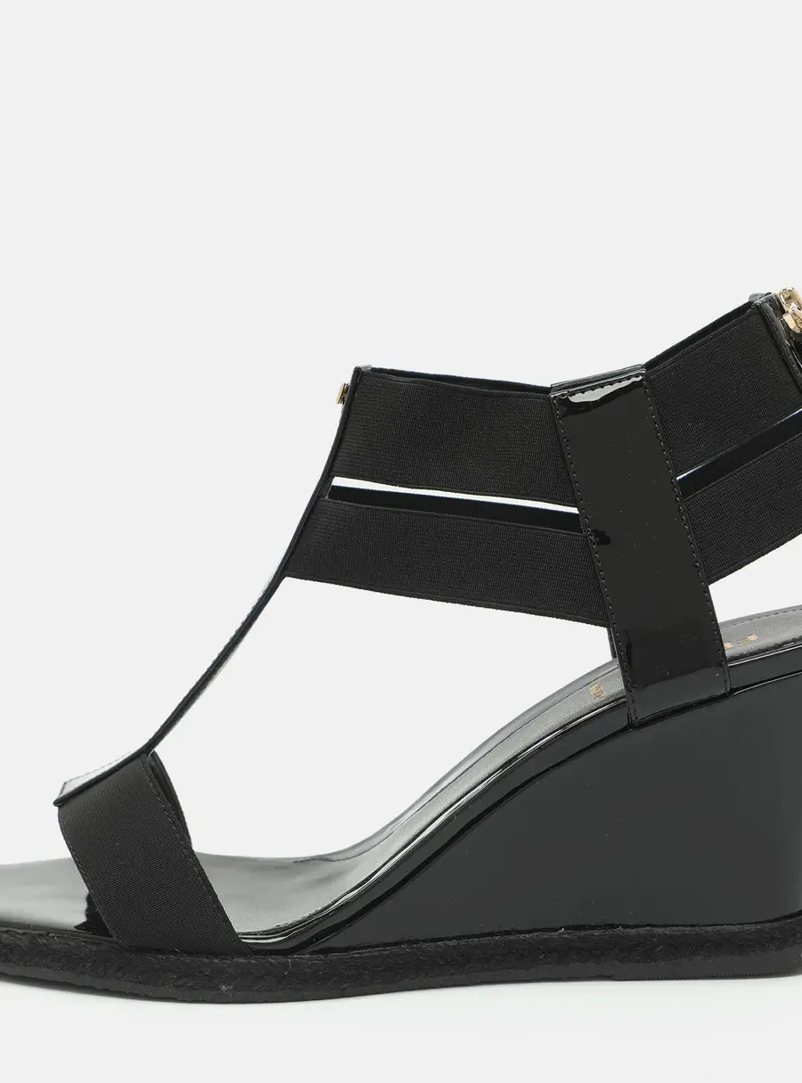 Fendi Size 41 Black Patent Leather and Stretch Fabric Strappy Wedge Sandals