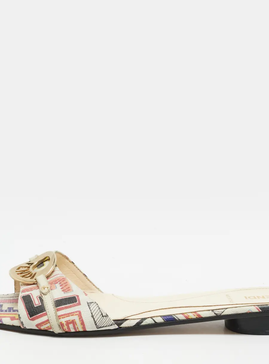 Fendi FF Logo Size 40 Multicolor Coated Canvas and Leather Flat Slide