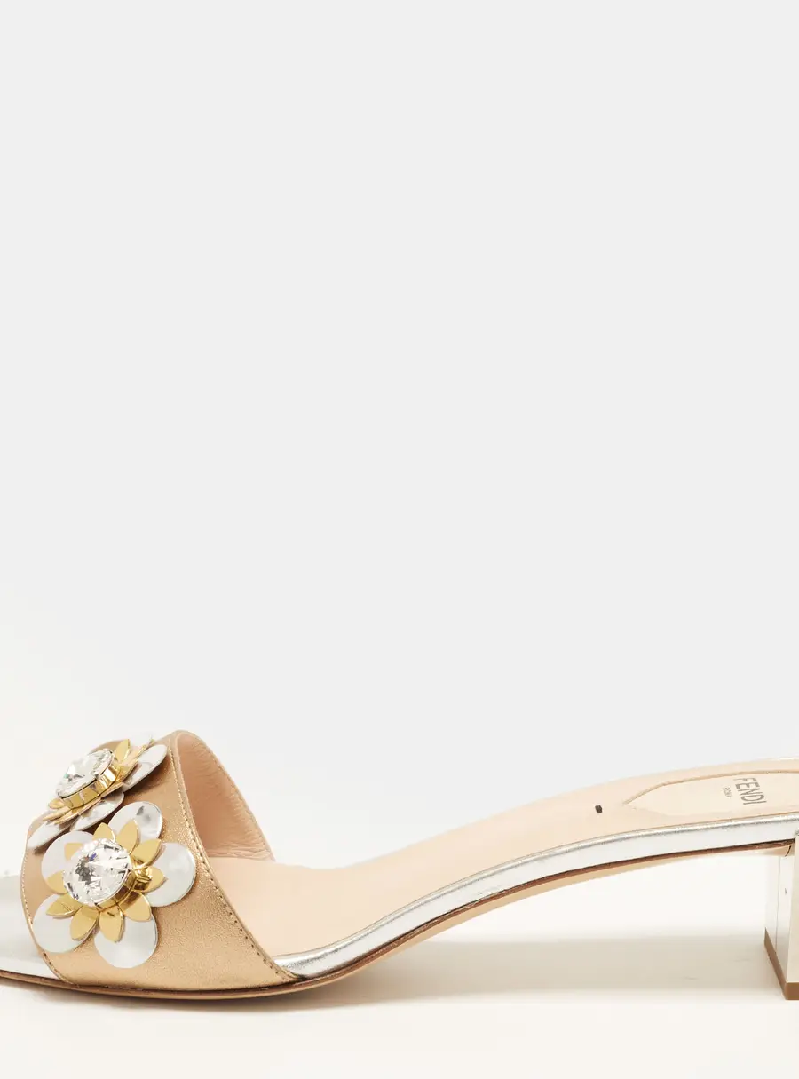 Fendi Flowerland Size 41 Metallic Leather Slide Sandals