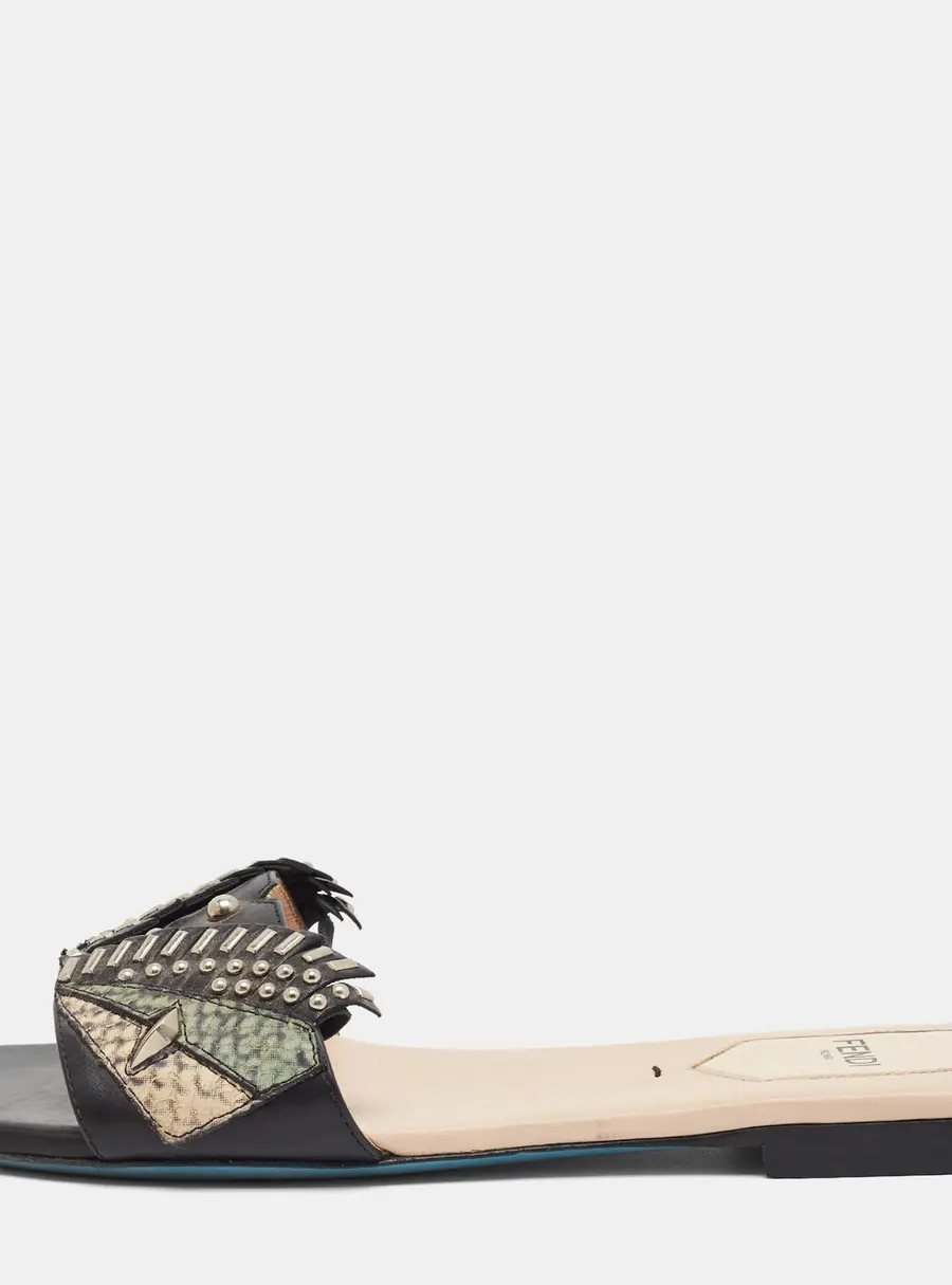 Fendi Bug Monster Size 37 Multicolor Leather and Python Embossed Leather Flat Sandals