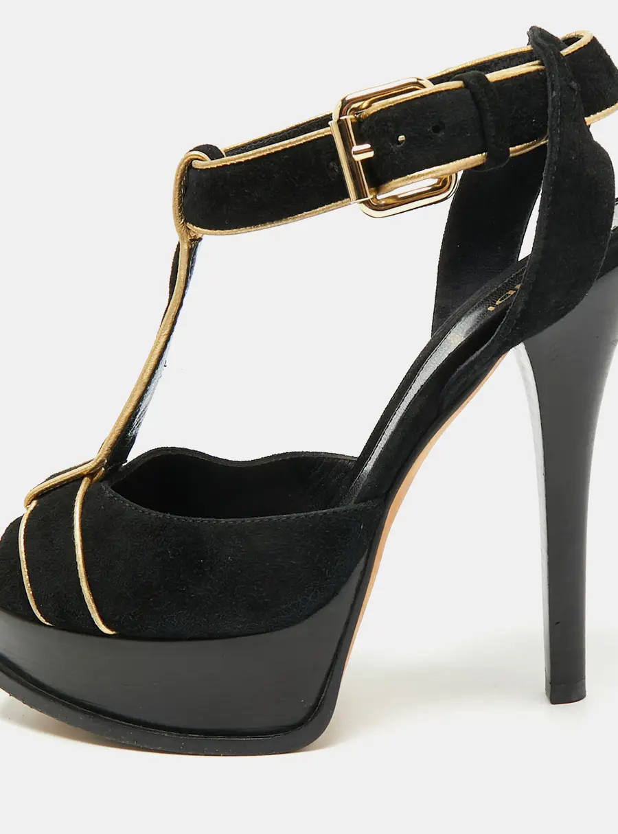 Fendi Spuntata Size 38 Black/Gold Suede T-Strap Platform Sandals