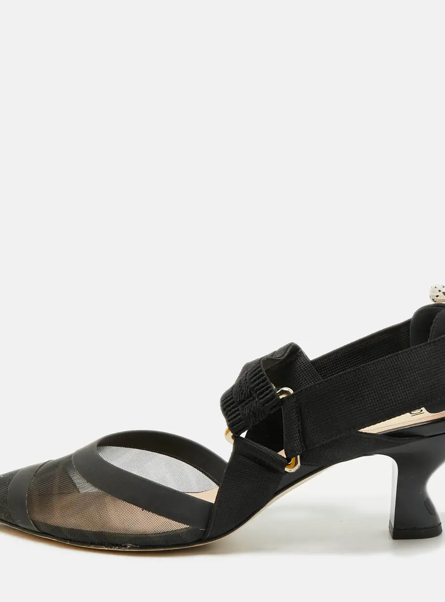 Fendi Colibri Size 39 Black Canvas and Net Slingback  Pumps
