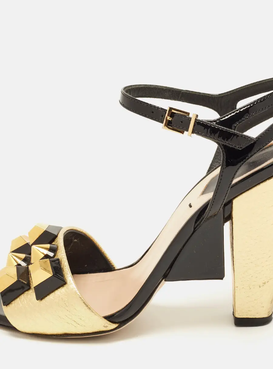Fendi Size 37 Gold Leather and Patent Leather Stud Embellished Ankle Strap Sandals