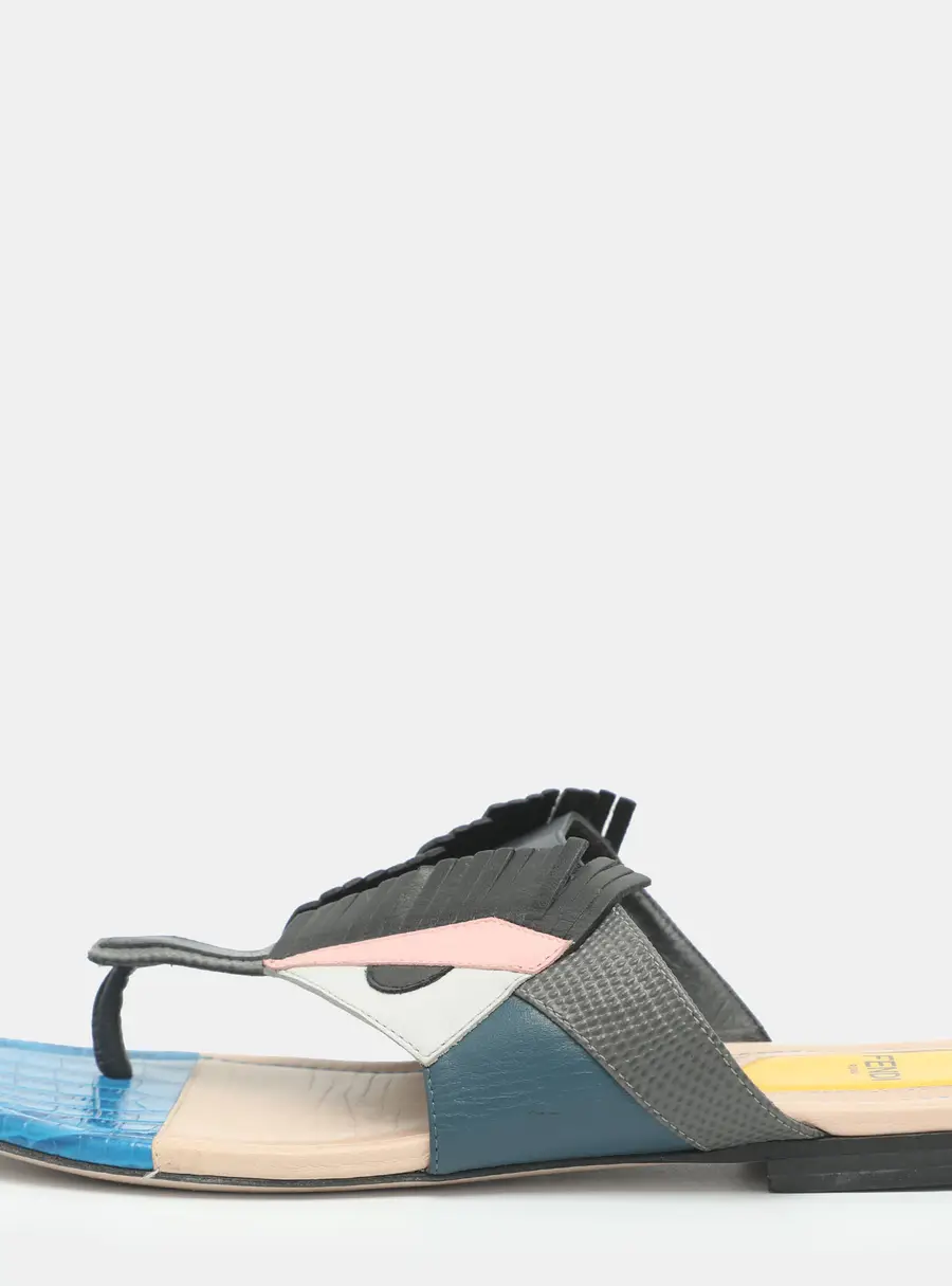 Fendi Bug Monster Size 37.5 Multicolor Leather Thong Sandals