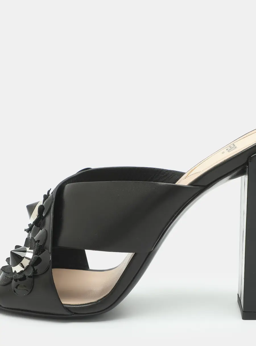Fendi Flowerland Size 40 Black Leather CrissCross Slide Sandals