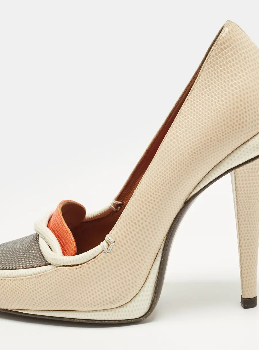 Fendi Size 37.5 Tricolor Lizard Embossed Leather Pumps