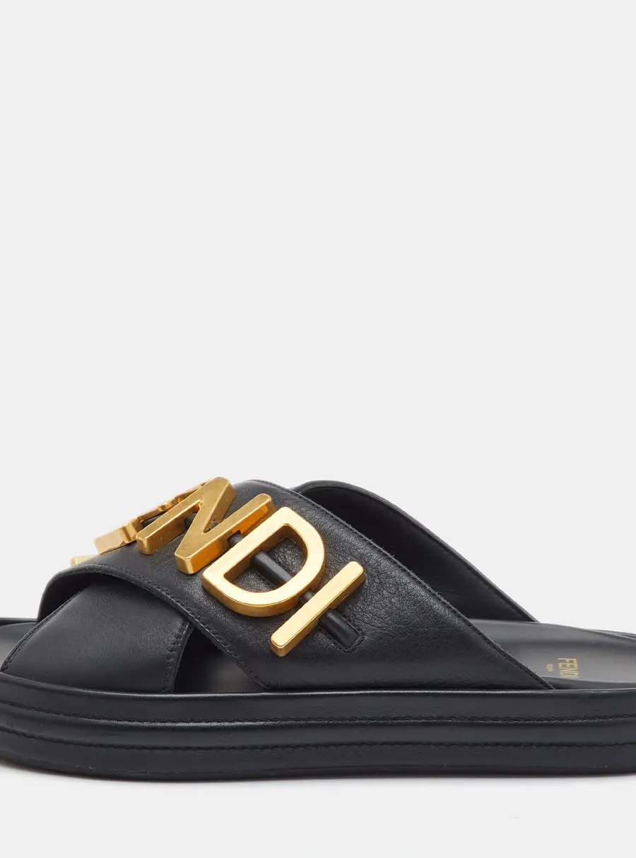 Fendi Fendigraphy Size 37 Black Leather Flat Slide Sandals
