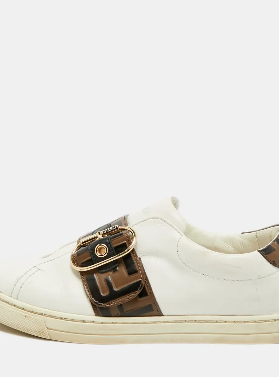 Fendi FF Size 37 White/Brown Canvas and Leather Low Top Sneakers