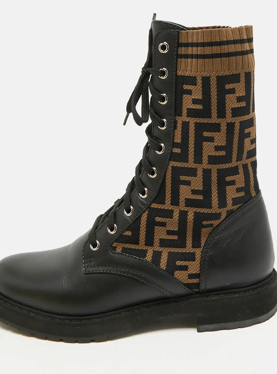 Fendi Rockoko Size 40 Black/Brown Fabric and Leather Combat Boots