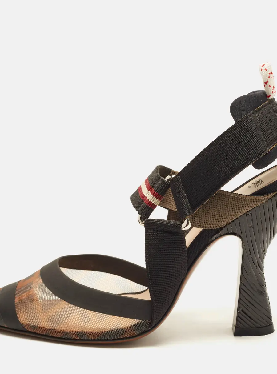 Fendi Colibri Size 37 Brown/Black Zucca Mesh and Canvas Slingback Pumps