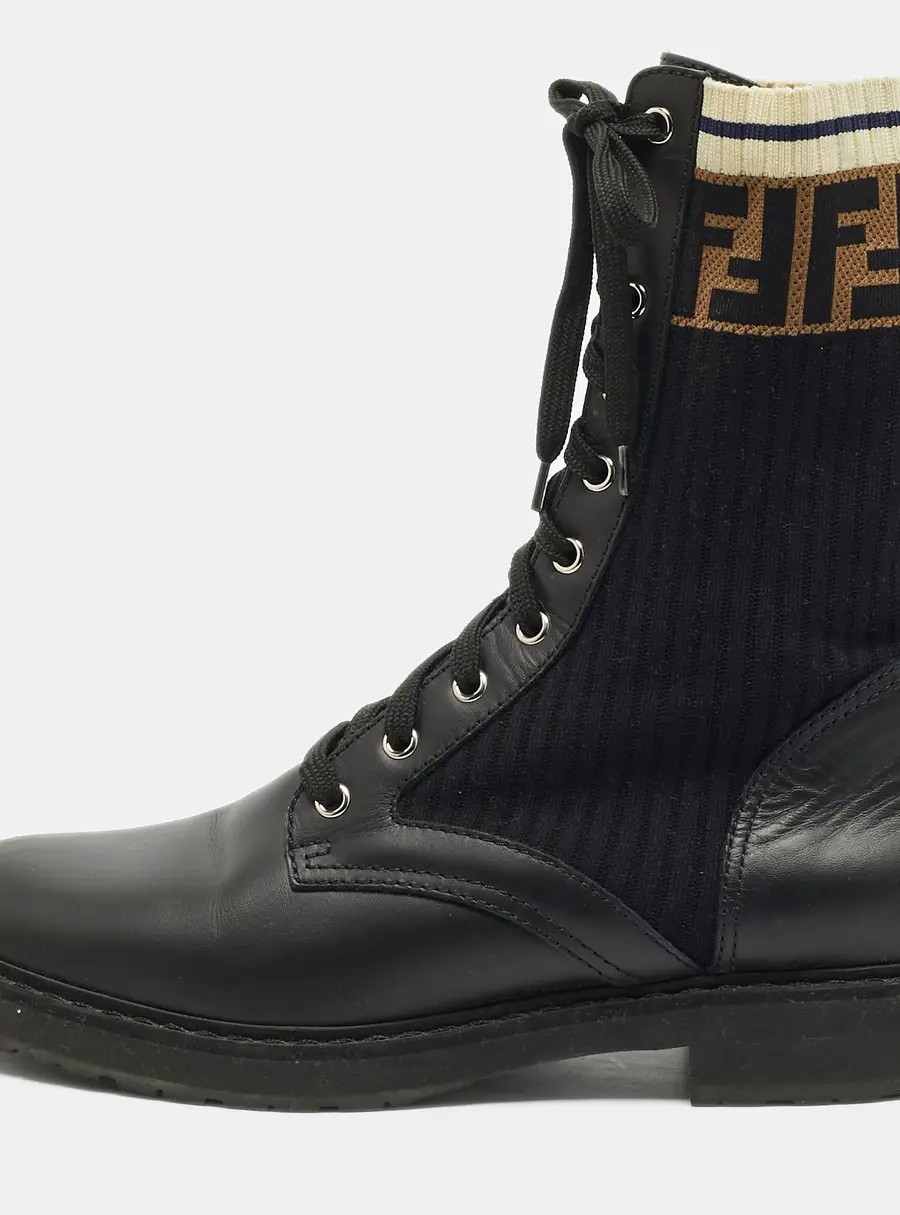 Fendi Rockoko Size 40 Black/Brown FF Motif Detail Stretch Fabric and Leather Combat Boots