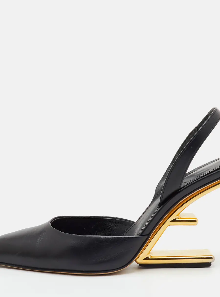 Fendi First Size 37.5 Black Leather Pointed Toe Slingback Pumps