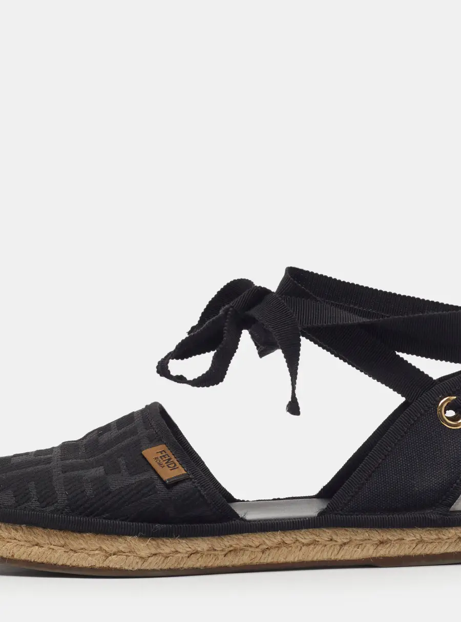 Fendi  Size 38 Black FF Logo Embroidered Fabric Ankle Wrap Espadrille Flats