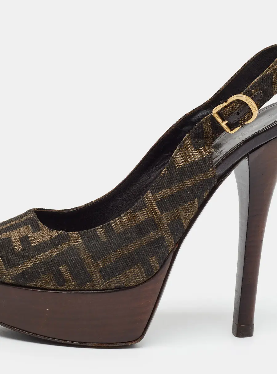 Fendi Fendista Size 37 Brown Canvas Platform Slingback Sandals