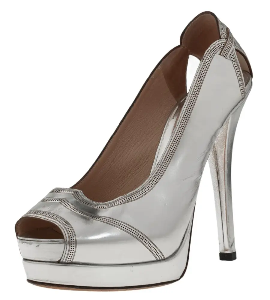 Fendi Silver Patent Leather Peep Toe Pumps Size 38.5