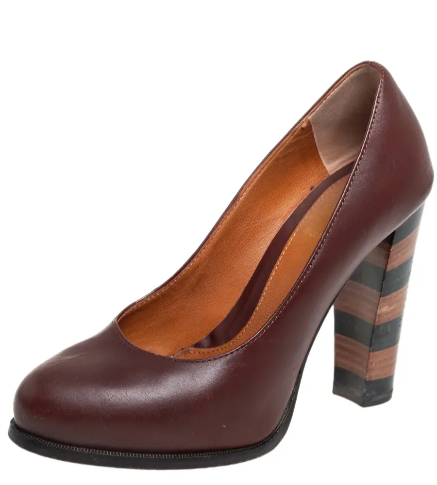 Fendi Burgundy Leather Pequin Block Heel Pumps Size 35