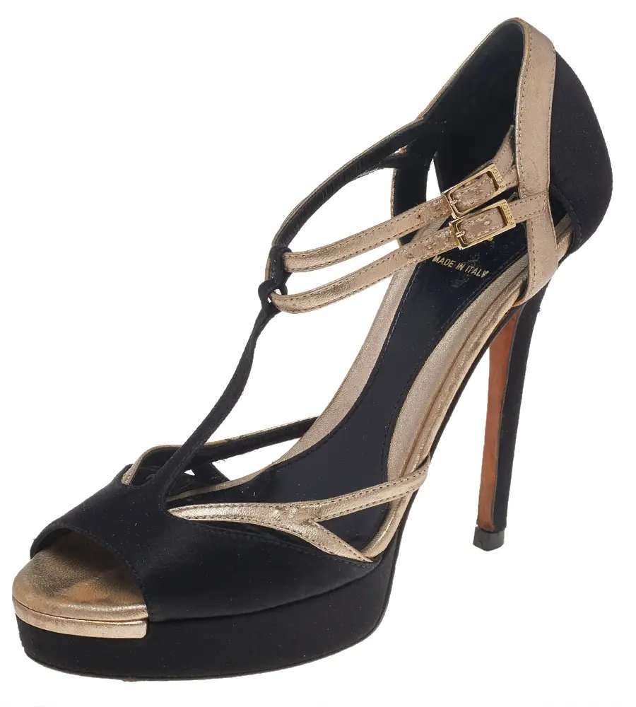 Fendi Black Satin And Leather T Strap Sandals Size 36.5