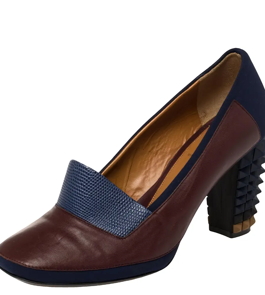Fendi Brown/Blue Lizard Embossed Leather and Fabric Polifonia Court Studded Heel Pumps Size 39