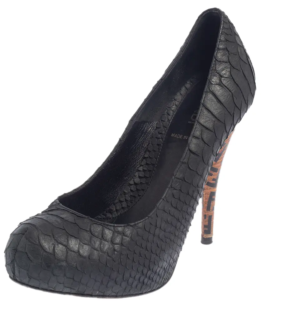 Fendi Black Python Embossed Leather Zucca Print Heel Pumps Size 37
