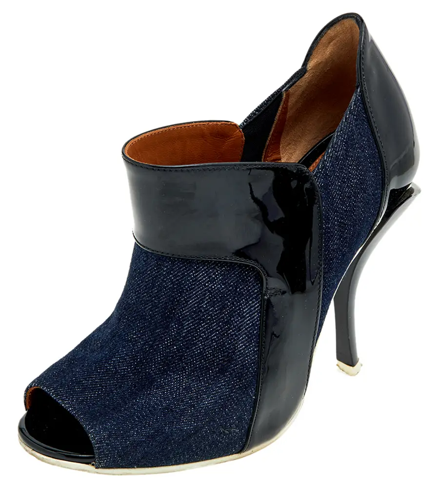 Fendi Blue/Black Denim And Patent Leather Peep Toe Booties Size 36