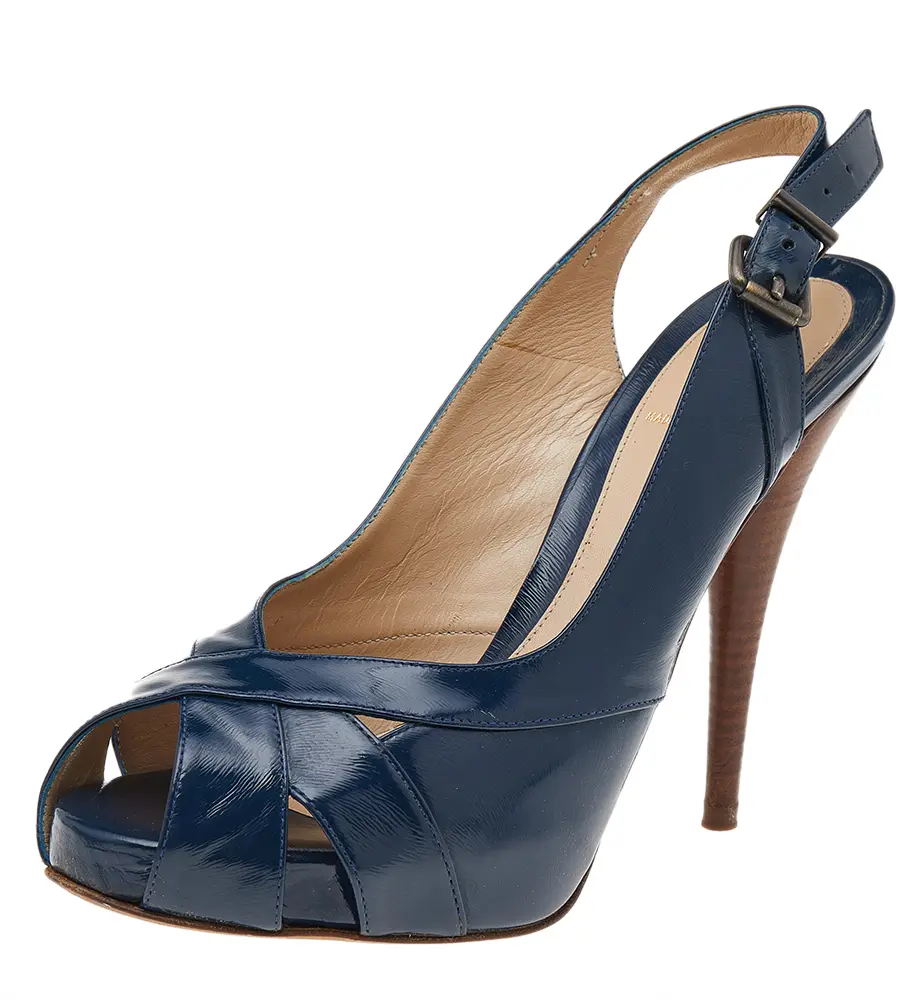 Fendi Blue Patent Leather Peep Toe Slingback Sandals Size 39.5