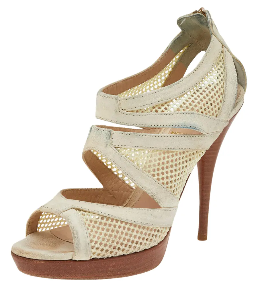 Fendi Off-White Suede And Mesh Cage Open-Toe Platform Sandals Size 38