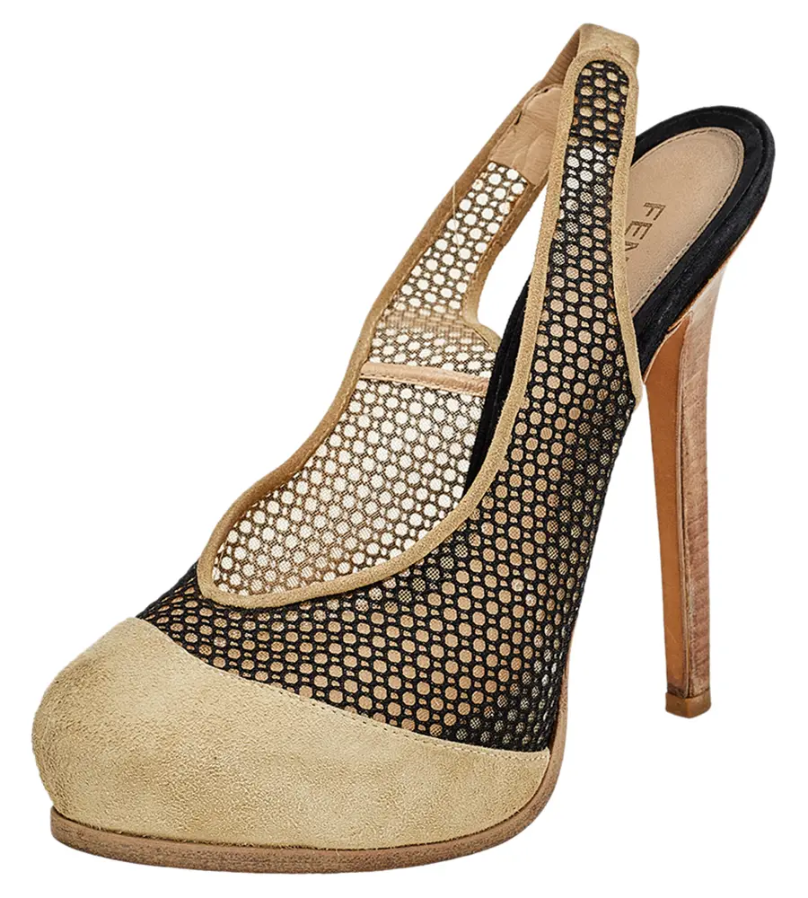 Fendi Beige/Black Suede And Mesh Platform Slingback Sandals Size 38