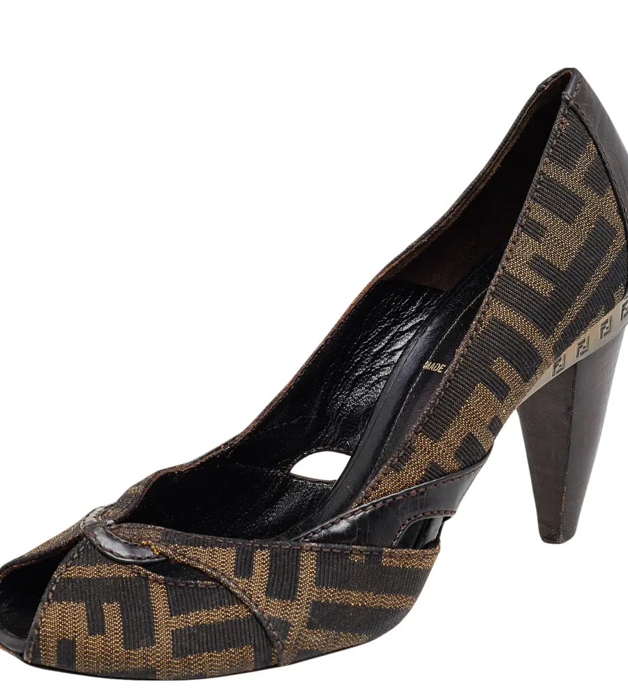 Fendi Brown Zucca Canvas Peep Toe Pumps Size 36