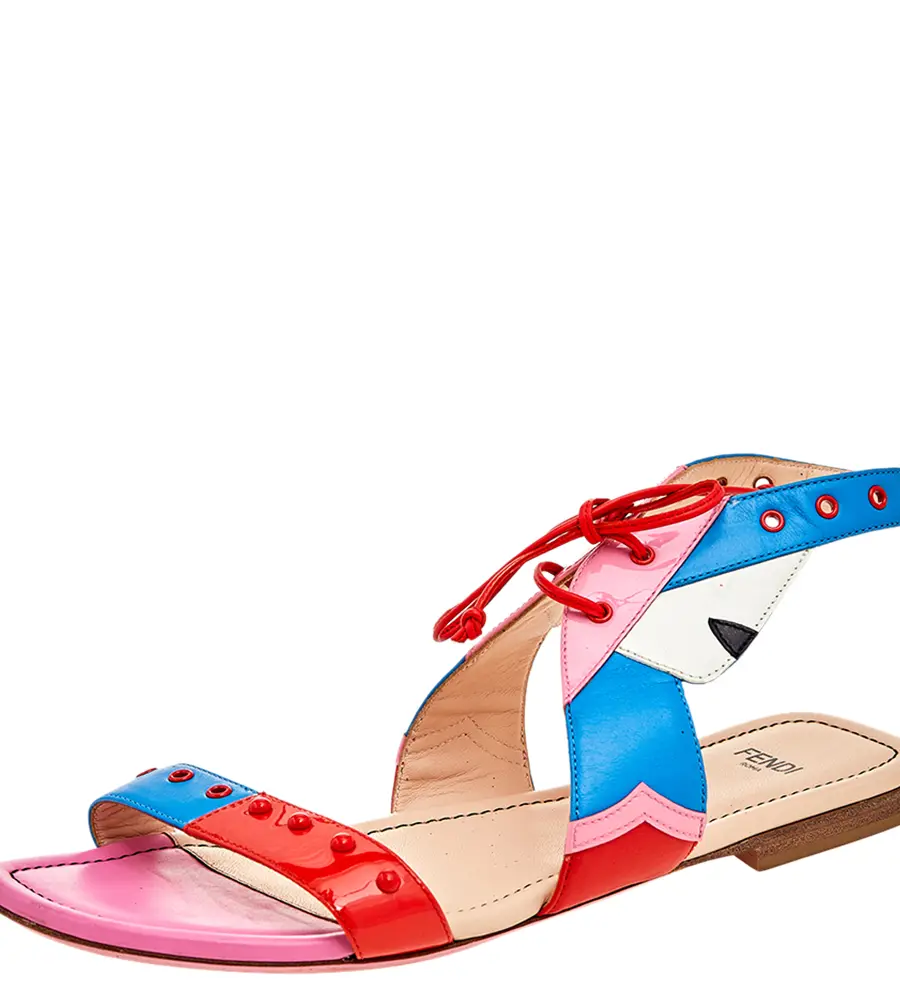 Fendi Multicolor Leather And Patent Leather Ankle Cuff Flat Sandals Size 37
