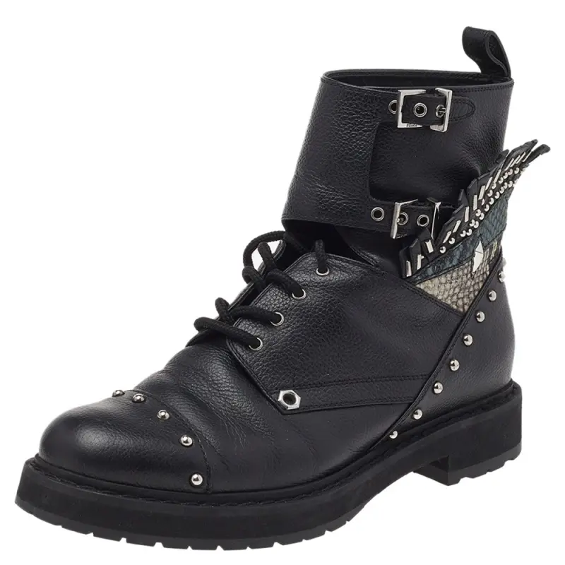Fendi Size 37 Black Leather and Python Embossed Leather Ankle Length Boots