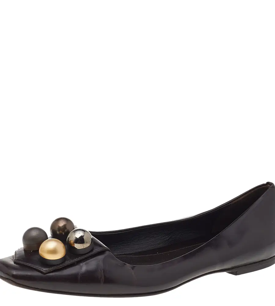Fendi Dark Brown Leather Embellished Ballet Flats Size 39