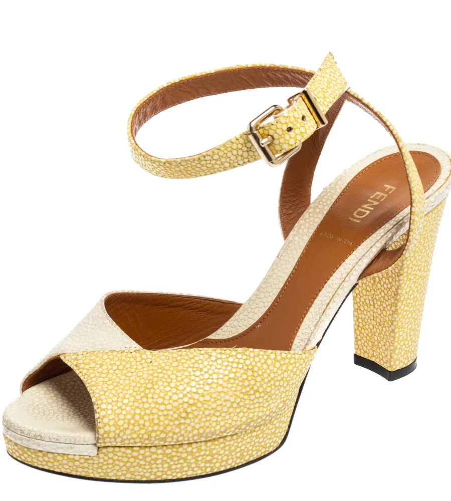 Fendi White/Yellow Stingray Embossed Leather Ankle Strap Platform Sandals Size 38.5