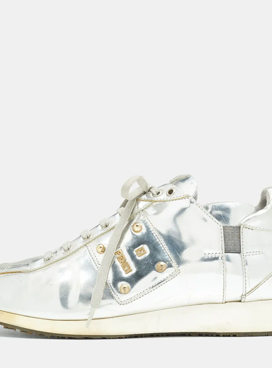 Fendi Metallic Silver Patent Leather Low Top Sneakers Size 38